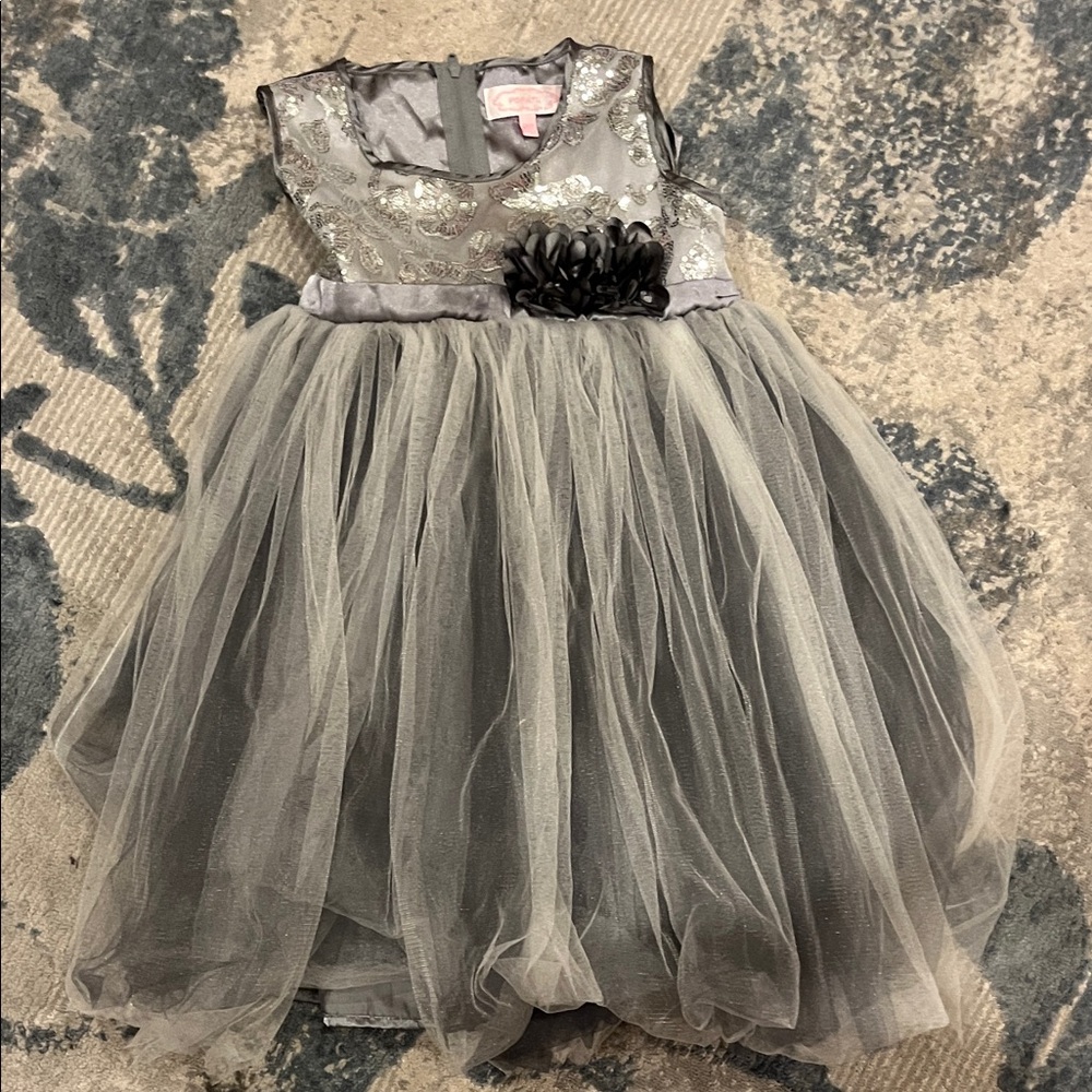Popatu Silver Kids Dress with Black Floral Accent